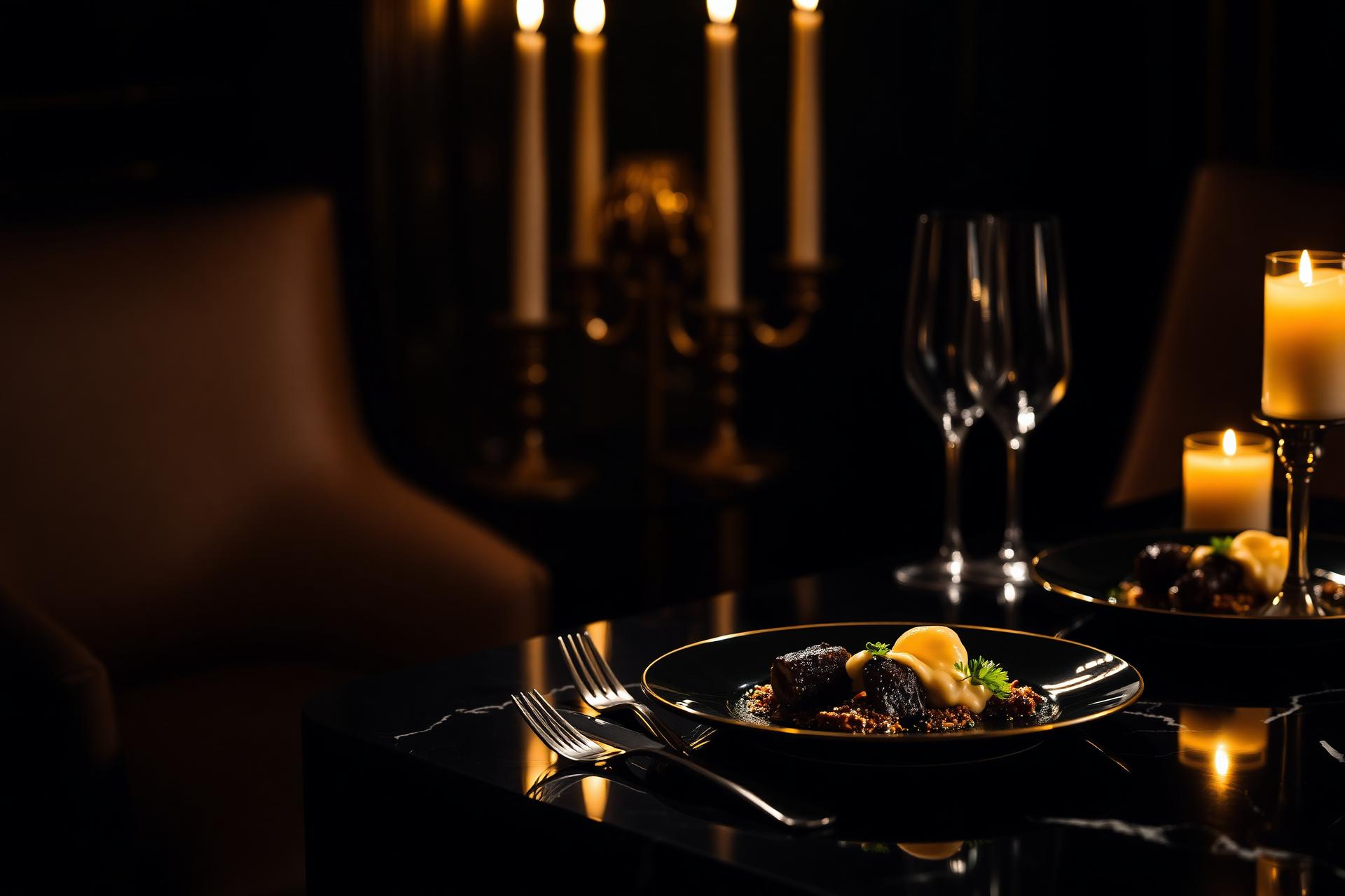Fine dining plate on dark marble with candlelight